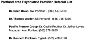 Psychiatric Provider Referral List 2025 - Portland, Oregon